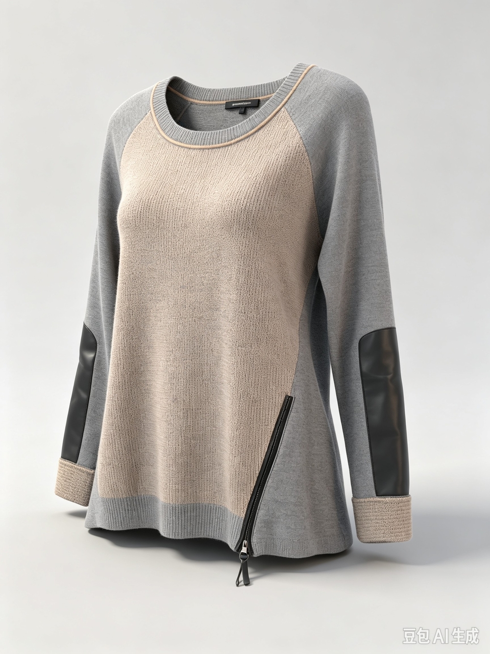 Nanette Lepore Beige & Gray Knit Sweater with Elbow Patch and Side Zip